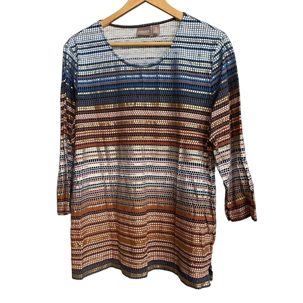 Chicos Top Multicolor Geometric 3/4 Sleeve Sz 2 US Large Pullover Cotton‎